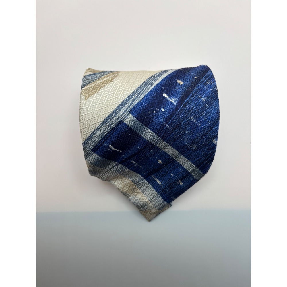 Bruno Piattelli Italy Silk Tie Blue Cream Abstract Geometric Textured Pattern